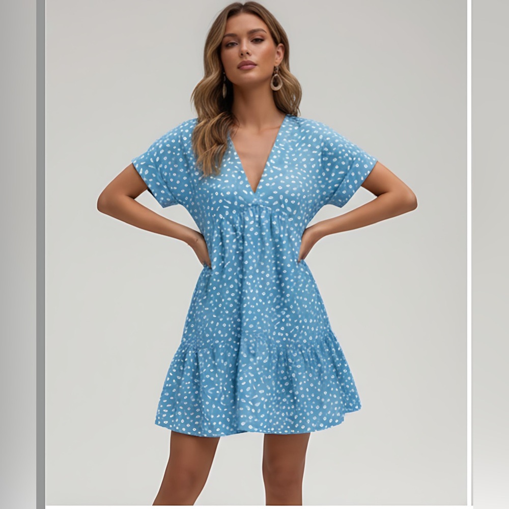 Blue/White Print Ruffle Hem Smock Dress